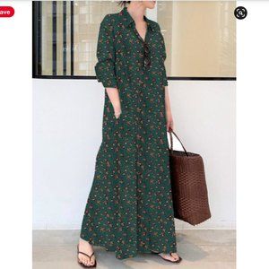 Vintage Printed Lapel Long Sleeve Shirt Maxi Dress